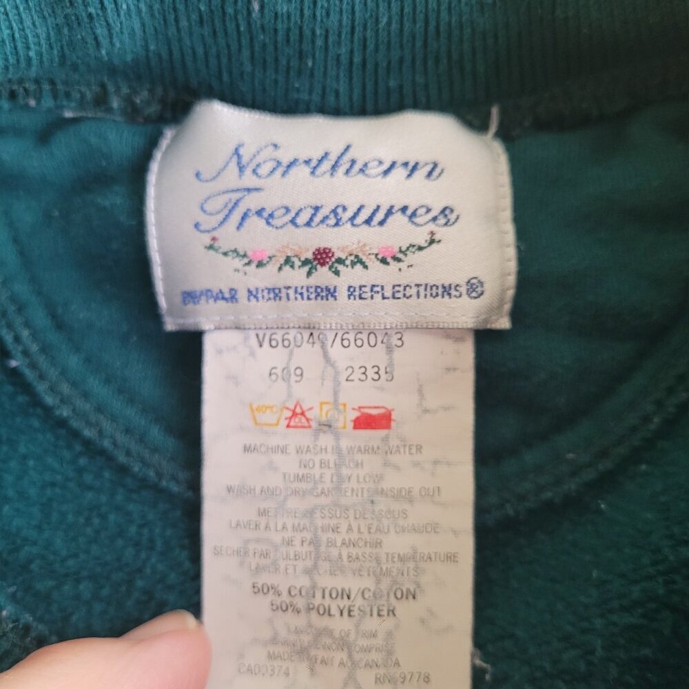 Vintage Northern Treasures Green Cat Graphic Collared Sweatshirt size S small - Picture 8 of 11